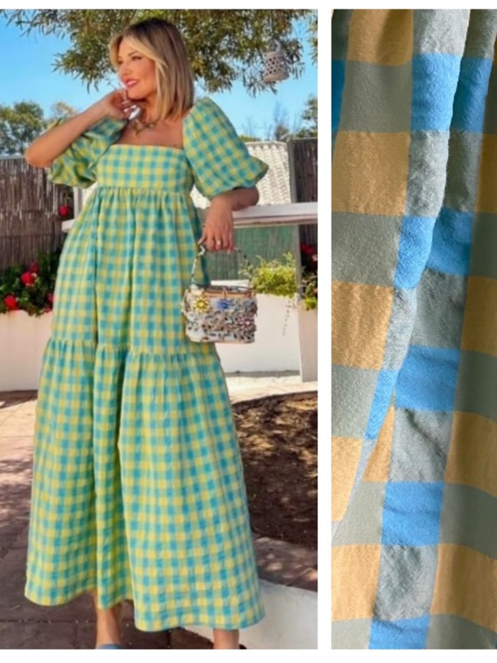 Zara Blue Yellow Gingham Plaid Seersucker Midi Maxi Dress XS - Picture 1 of 16